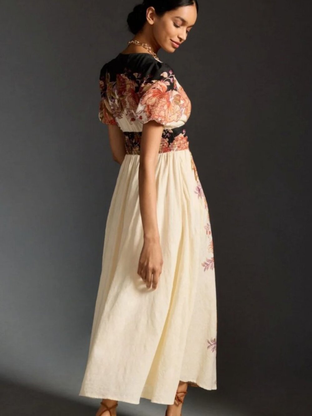 Anthropologie Cream and Black Floral Midi Dress - Picture 2 of 6